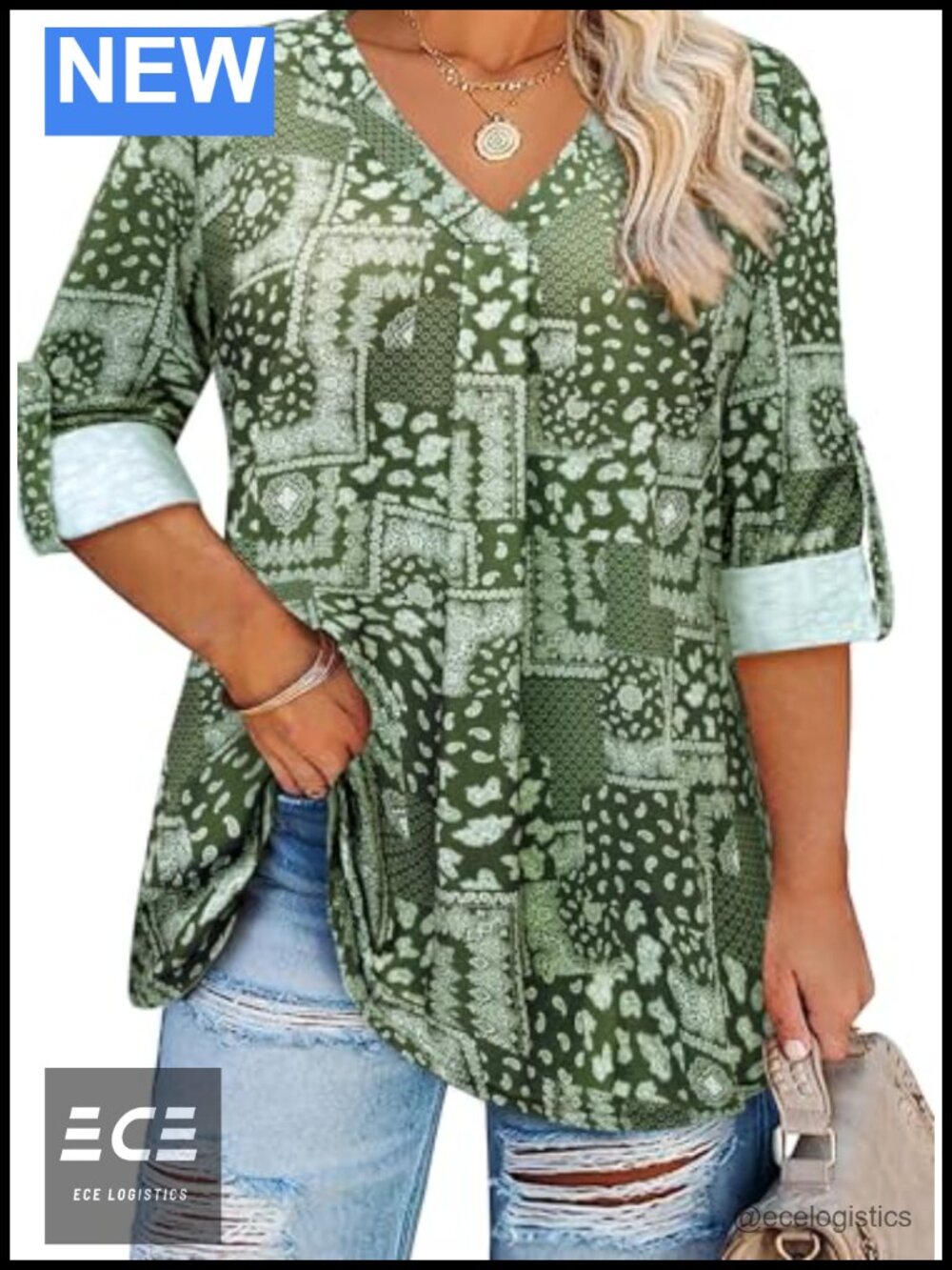 Womens Plus Size 3/4 Sleeve V Neck Tunic Top Paisley Blouse